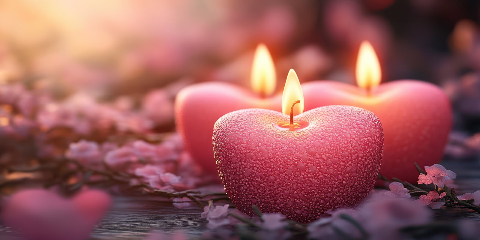 Soft pink heart-shaped candles glowing warmly amidst delicate petals and greenery during a serene evening setting